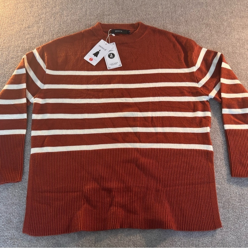 Rust and White Striped Crewneck Sweater